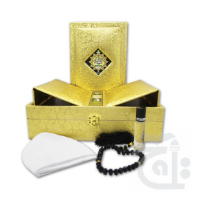 Lazy-loaded Al Quran Al Hakeem Gold Edge With Beatiful Gift in Golden Box-Rahel (Tasbih - Prayer Cap - Ittar )